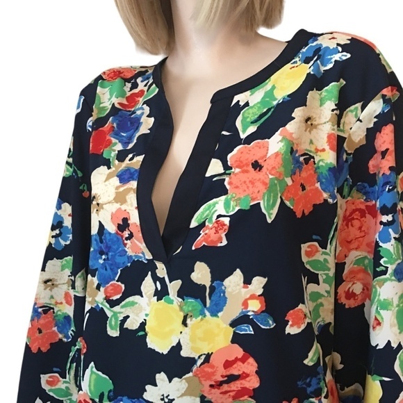 Ralph Lauren Blouse Top Shirt Plunge Neck Tunic Tank Long Sleeve Vivid Floral - Picture 6 of 13